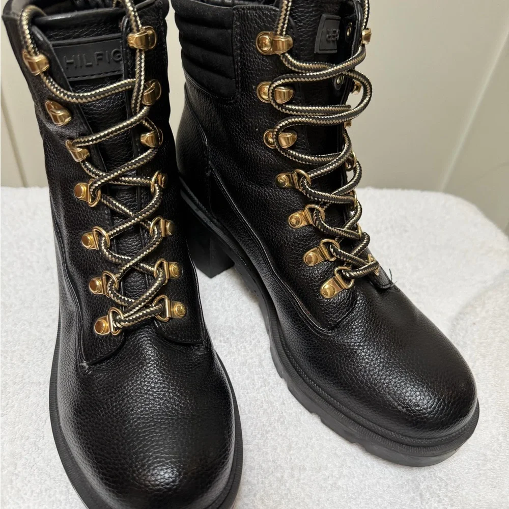 Tommy Hilfiger Black Combat Boots with Gold Details - Picture 2 of 16